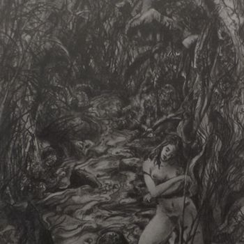 Dibujo titulada "Mujer en el riachue…" por Salvador Velarde, Obra de arte original, Lápiz