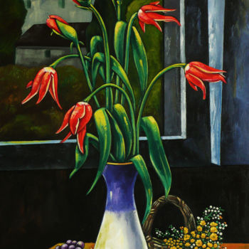 Pittura intitolato "vaso-di-fiori-con-u…" da Salvatore Detto Valò Fiumanò, Opera d'arte originale, Olio