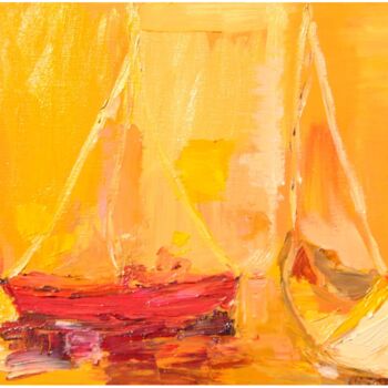 Картина под названием "Bateau jaune en mer…" - Sam, Подлинное произведение искусства, Масло
