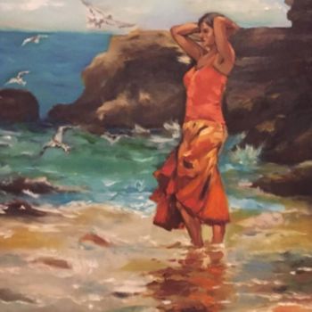 Schilderij getiteld "girl & sea" door Samaneh Aminifar, Origineel Kunstwerk, Olie