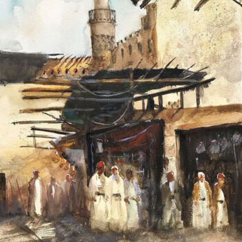 Pittura intitolato "Old market in Mosul" da Samar Alzaidy, Opera d'arte originale, Acquarello