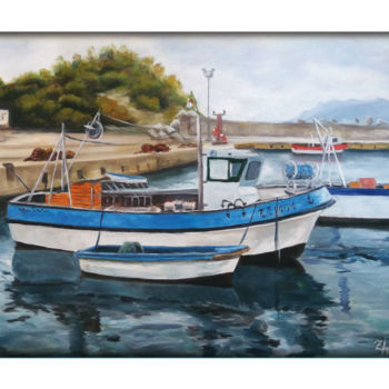 Painting titled "AZUR" by Zahir Hamadache, Original Artwork, Oil Mounted on Wood Stretcher frame