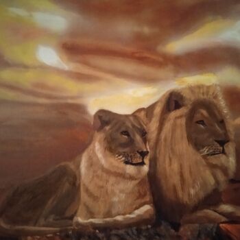 Pintura intitulada "львы на отдыхе" por Shamil Pochtarev, Obras de arte originais, Acrílico