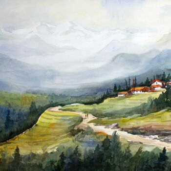 Malarstwo zatytułowany „Mountain Himalaya L…” autorstwa Samiran Sarkar, Oryginalna praca, Akwarela