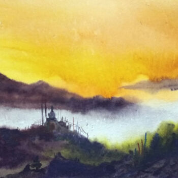 Schilderij getiteld "Sunset Himalaya Mou…" door Samiran Sarkar, Origineel Kunstwerk, Aquarel