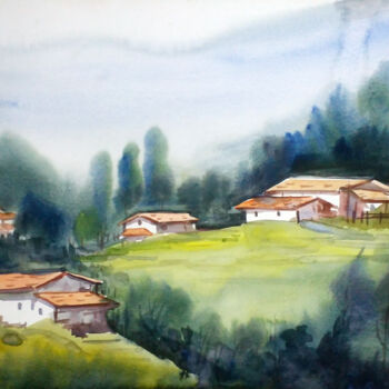 Painting titled "Mountain Village Hi…" by Samiran Sarkar, Original Artwork, Watercolor