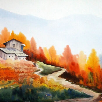 Pittura intitolato "Autumn Mountain For…" da Samiran Sarkar, Opera d'arte originale, Acquarello