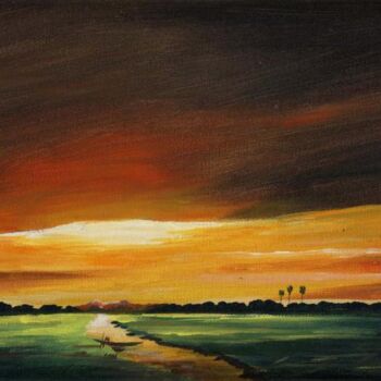 Pittura intitolato "Sunset on Village" da Samiran Sarkar, Opera d'arte originale, Olio