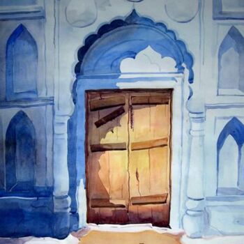 Schilderij getiteld "Door in  Rajesthan" door Samiran Sarkar, Origineel Kunstwerk, Olie