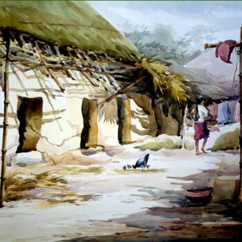 Painting titled "Bengal Village" by Samiran Sarkar, Original Artwork, Oil