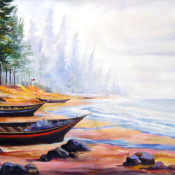 Painting titled "Fishing Boats at Se…" by Samiran Sarkar, Original Artwork, Acrylic