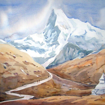 Schilderij getiteld "Beauty of Himalaya-…" door Samiran Sarkar, Origineel Kunstwerk, Aquarel