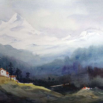 Painting titled "Himalaya Landsacpe" by Samiran Sarkar, Original Artwork, Watercolor