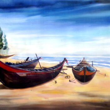 Malerei mit dem Titel "Fishing Boats at Be…" von Samiran Sarkar, Original-Kunstwerk