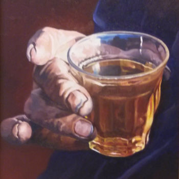 Schilderij getiteld "Genieten van thee" door Sam Masoud, Origineel Kunstwerk, Olie