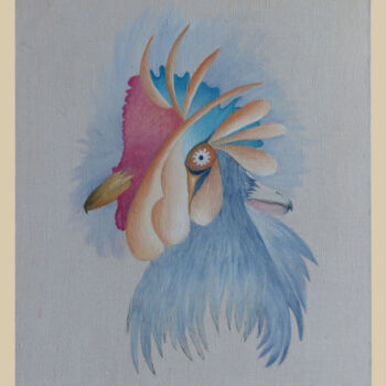 「Le coq et le rapace」というタイトルの絵画 Samuel Colliardによって, オリジナルのアートワーク, オイル ウッドストレッチャーフレームにマウント