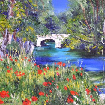 Painting titled "Coquelicots au bord…" by Samuel Kouyoumdjian, Original Artwork, Oil Mounted on Wood Stretcher frame
