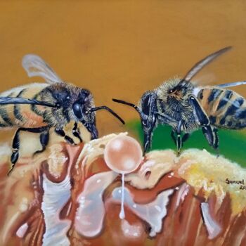 Painting titled "Honey Bee" by Samuel Momoh (Artsam), Original Artwork, Oil Mounted on Wood Stretcher frame