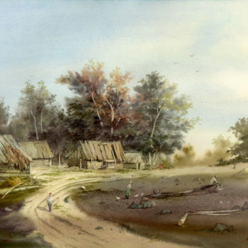 Painting titled "Village landscape" by Samvel Galstyan, Original Artwork, Watercolor
