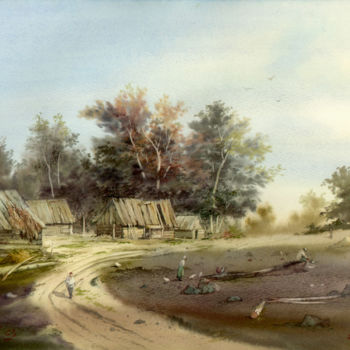 Peinture intitulée "Village landscape" par Samvel Galstyan, Œuvre d'art originale, Aquarelle