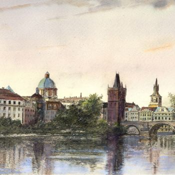 Ζωγραφική με τίτλο "Praha,Charles bridge" από Samvel Galstyan, Αυθεντικά έργα τέχνης, Ακουαρέλα