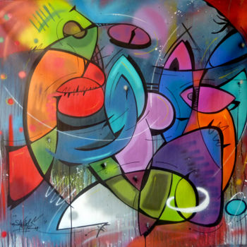 Painting titled "Fish 9" by Saname, Original Artwork, Spray paint Mounted on Wood Stretcher frame