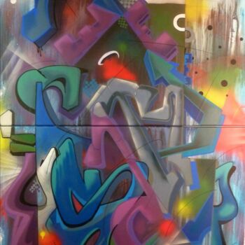 Schilderij getiteld "Tag n° 2302" door Saname, Origineel Kunstwerk, Graffiti Gemonteerd op Frame voor houten brancard