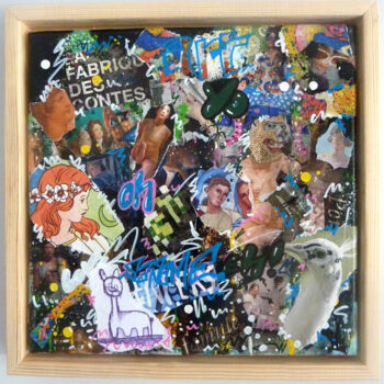 Collages getiteld "La fabrique des con…" door Saname, Origineel Kunstwerk, Collages Gemonteerd op Frame voor houten brancard