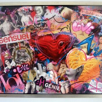 Collages titled "L'amour c'est des m…" by Saname, Original Artwork, Collages Mounted on Wood Stretcher frame