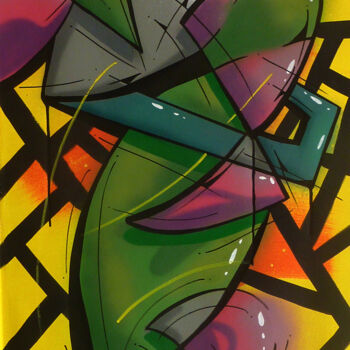 Schilderij getiteld "Fish n°2311" door Saname, Origineel Kunstwerk, Graffiti Gemonteerd op Frame voor houten brancard