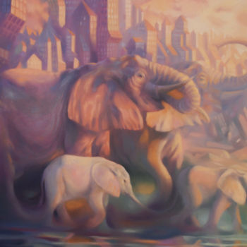 Painting titled ""Urban Elephants"" by Sana Zee, Original Artwork, Oil