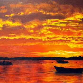 Painting titled "Fiery sunset" by Sand, Original Artwork, Oil Mounted on Wood Stretcher frame