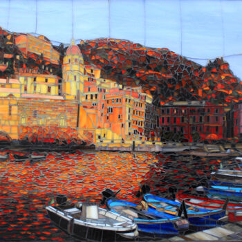 Painting titled "Vernazza Sunset" by Sandra Bryant, Original Artwork, Mosaic Mounted on Other rigid panel