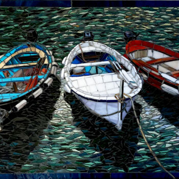 Painting titled "Boats of Vernazza" by Sandra Bryant, Original Artwork, Mosaic Mounted on Other rigid panel