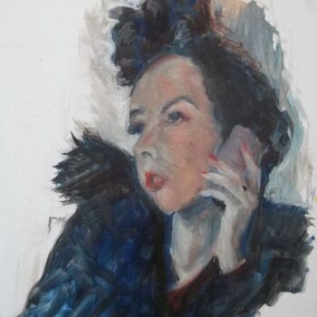 Painting titled "On The Phone" by Sandra Haney, Original Artwork, Oil Mounted on Other rigid panel