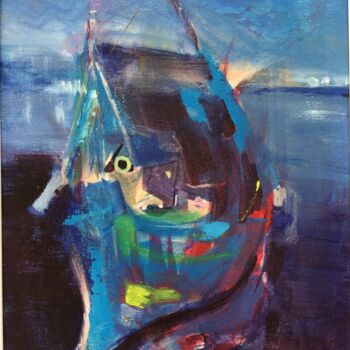 Painting titled "Blue Boat 2" by Sandra Haney, Original Artwork, Oil Mounted on Other rigid panel