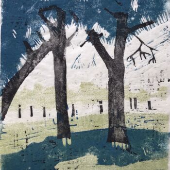 Prenten & gravures getiteld "The Park, linocut" door Sandra Haney, Origineel Kunstwerk, Linosnede Gemonteerd op Karton