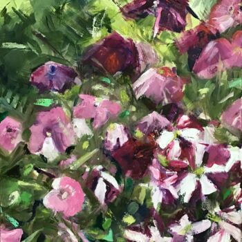 Painting titled "Petunias in the Rain" by Sandra Haney, Original Artwork, Oil Mounted on Wood Stretcher frame