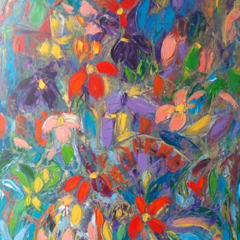 Painting titled "Fleur /aile/Colombe" by Sandra Land, Original Artwork, Oil