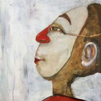 Malerei mit dem Titel "Portrait with mask" von Sandra Ludwig, Original-Kunstwerk, Aquarell Auf Aluminium montiert