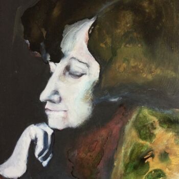 Painting titled "Colette with hand u…" by Sandra Ludwig, Original Artwork, Watercolor Mounted on Wood Panel