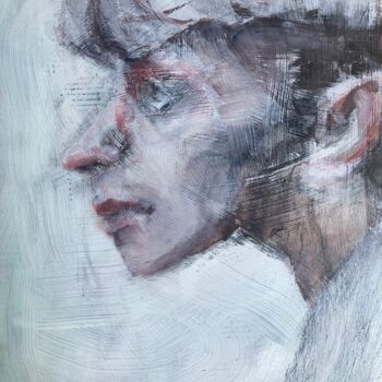 Painting titled "Portrait in profile" by Sandra Ludwig, Original Artwork, Watercolor Mounted on Wood Panel
