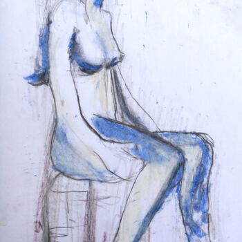 Desenho intitulada "Nu bleu assis" por Sandra Pohin, Obras de arte originais, Pastel