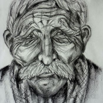 「Old Man Romania.jpg」というタイトルの描画 Sandra Schacherlによって, オリジナルのアートワーク, 木炭