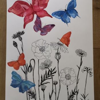 Drawing titled "Papillons et fleurs…" by Sandra Delfanne, Original Artwork, Ink