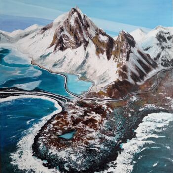 Painting titled "Mountains and sea.…" by Sandraeva, Original Artwork, Acrylic Mounted on Wood Stretcher frame