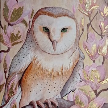 Painting titled "Gold owl. Wisdom to…" by Sandraeva, Original Artwork, Acrylic Mounted on Wood Stretcher frame