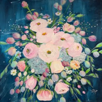 Malerei mit dem Titel "Flowers on Blue" von Sandra Gebhardt-Hoepfner, Original-Kunstwerk, Acryl