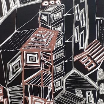 Painting titled "Urban City" by Sandra Goes, Original Artwork, Ink Mounted on Wood Panel