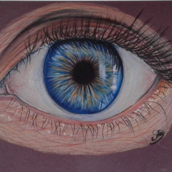Drawing titled "oeil bleu" by Sandrine Delbove Dessins, Original Artwork, Pencil